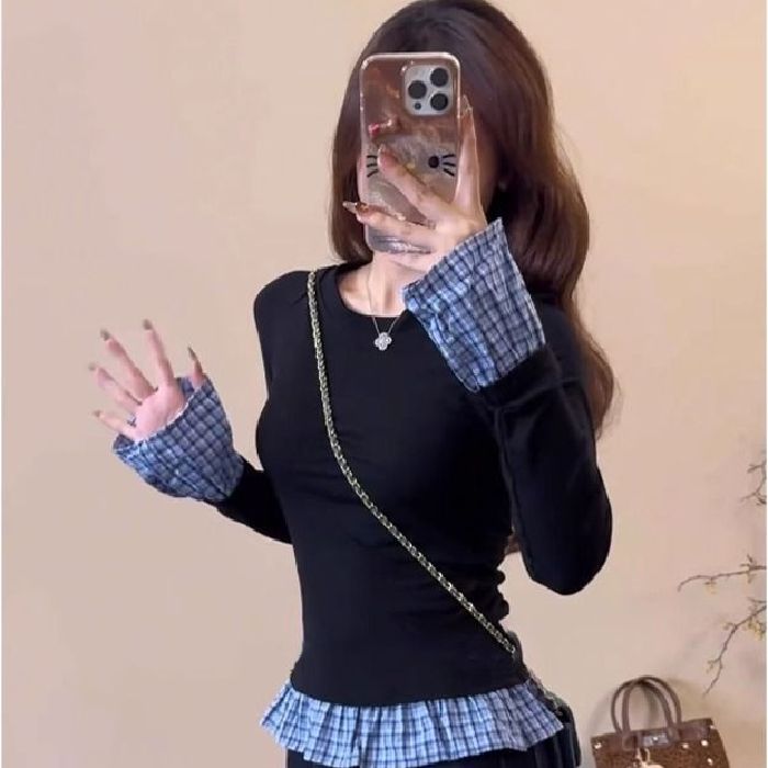 French chic unique splicing fake two-piece top for women 2025 spring and autumn new black slim fit and versatile