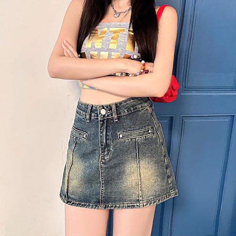 College style personalized denim skirts for women in spring and summer new high-waisted slim and anti-exposure hot girls denim skirts for women