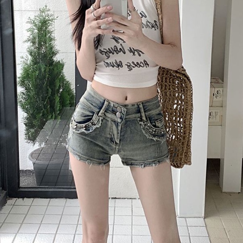 Korean casual denim shorts for women rivet design retro American hip hot girl tight sexy denim hot pants