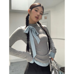 Gray half-high neck bow fake two-piece long-sleeved T-shirt for women with autumn splicing design slim body