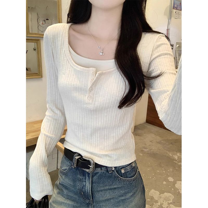 Half-open collar front shoulder fake two-piece long-sleeved T-shirt for women's Spring and Autumn 2025 new base shirt slim fit and slim inner top