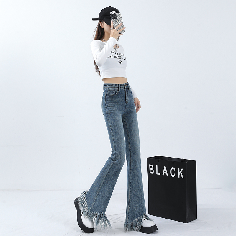 High-waisted tassel fur-edged bell-bottom pants for women's spring new retro blue high-waisted slim and slightly flare denim trousers