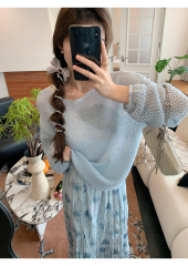 Yang Popo Women's Blue Laced Knit Top 2025 Spring New Arrival Round Neck Long Sleeve Sun Protection Slimming Tunic