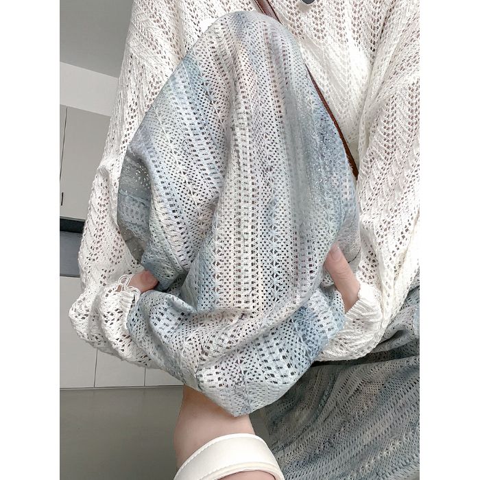 有口袋有內襯藍色扎染鏤空闊腿褲女高腰垂感休閒直筒慵懶涼涼褲