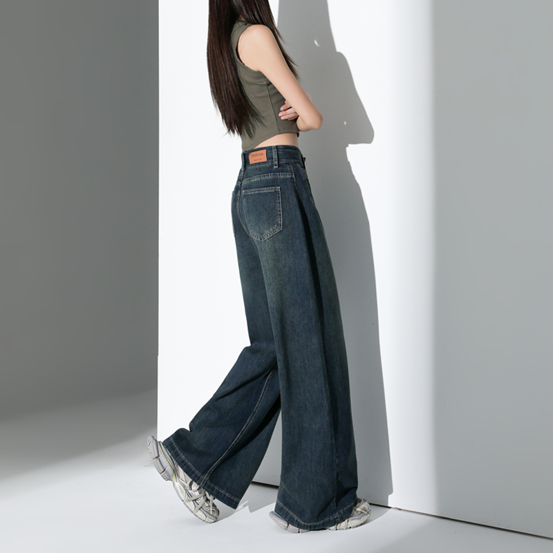Double button design retro wide-leg pants ~ wide-leg jeans loose and slim straight-leg trousers trousers lengthened