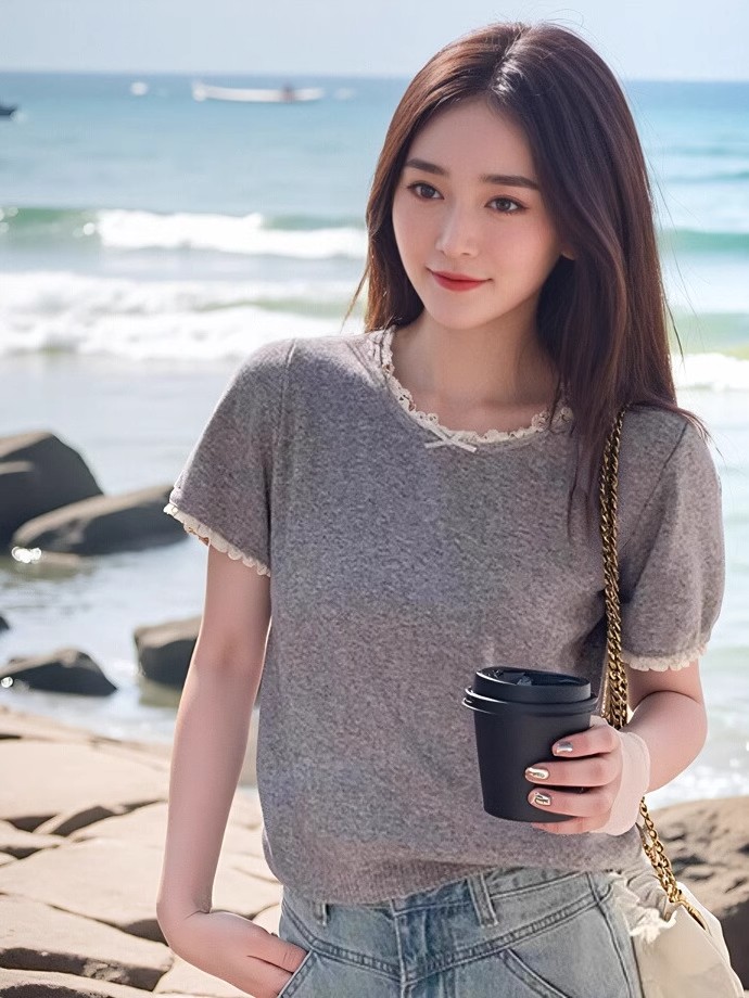 灰色蕾絲邊拼接短袖針織衫T恤女2025春夏新品小個子百搭顯瘦上衣