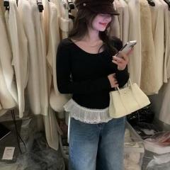 Korean cotton lazy style round neck long sleeve T-shirt for women in women's spring new fashionable versatile simple base shirt for women