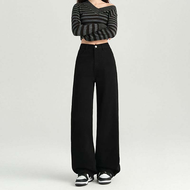 Korean version of high-waisted slim straight versatile jeans for women in spring and autumn new wide-leg loose simple floor jeans
