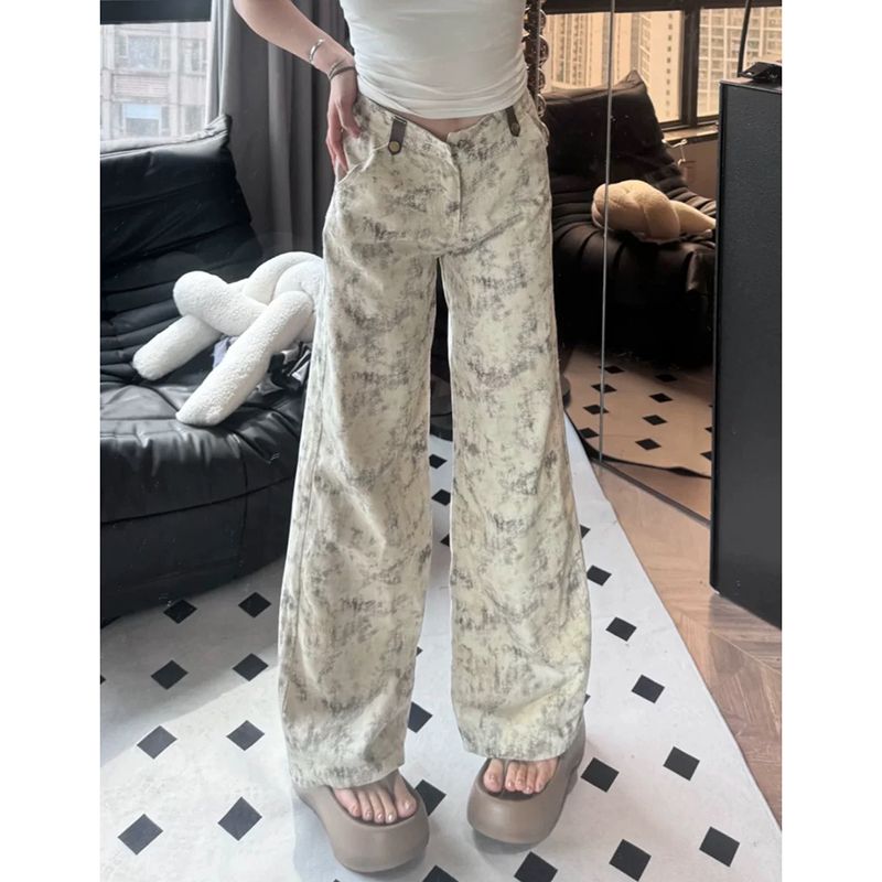 High Street American retro tie-dye printed wide-leg pants for women in autumn new high-waist loose slimness drooping floor trousers