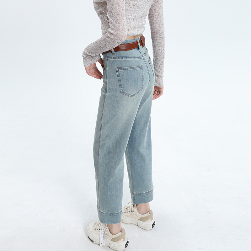 Nostalgic blue nine-point straight-leg pants design smoky pants jeans fashionable leather brand high waist slimming versatile set-up pants