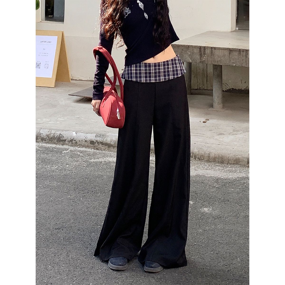 Spliced ​​plaid high waist wide-leg wide-leg pants for spring simple and versatile sports commuter loose trousers