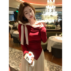 Women's cotton bow lace spliced ​​long-sleeved T-shirt for women 2025 spring new one-shoulder slim temperament base shirt