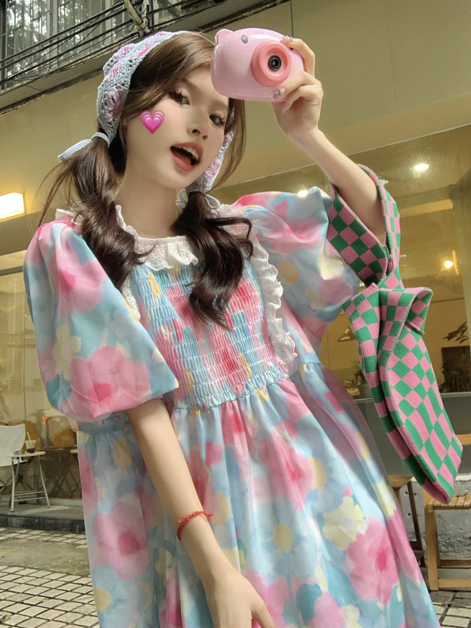 Real shot Korean sweet heavy industry lace lace pleated floral loose doll dress