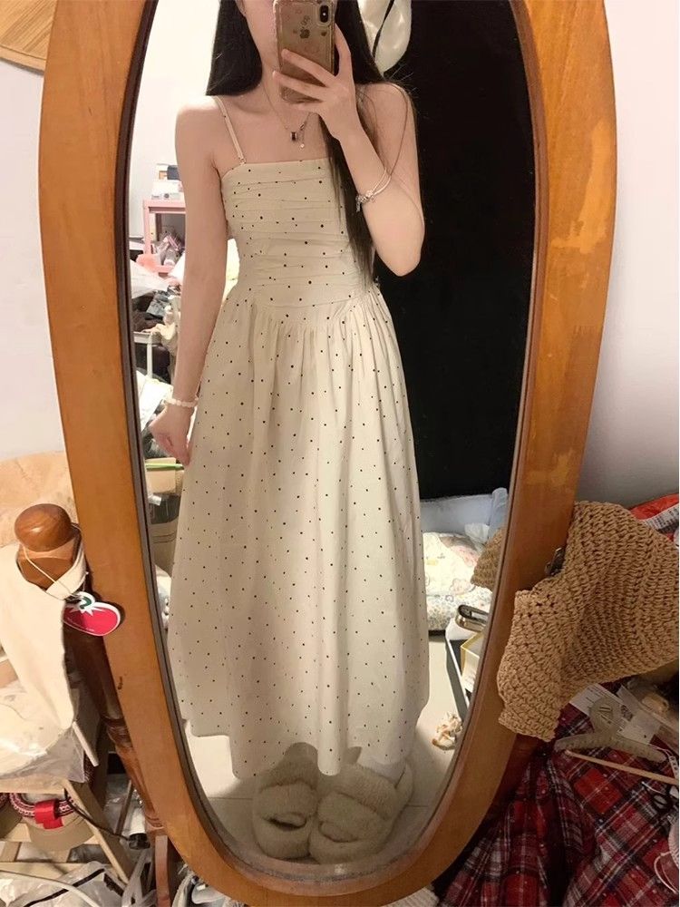 Double-layer lining suspender polka dot dress for women 2025 spring new slim waist-hugging long skirt