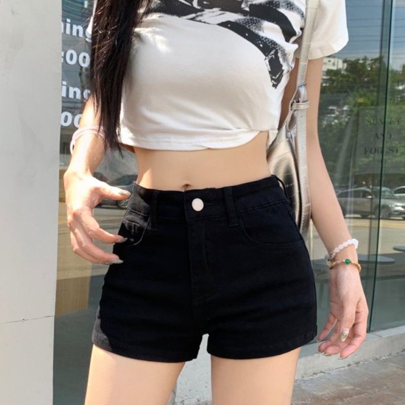 Casual simple and fashionable high-waist denim shorts for women in spring and summer new tight and slim A-line denim shorts trendy