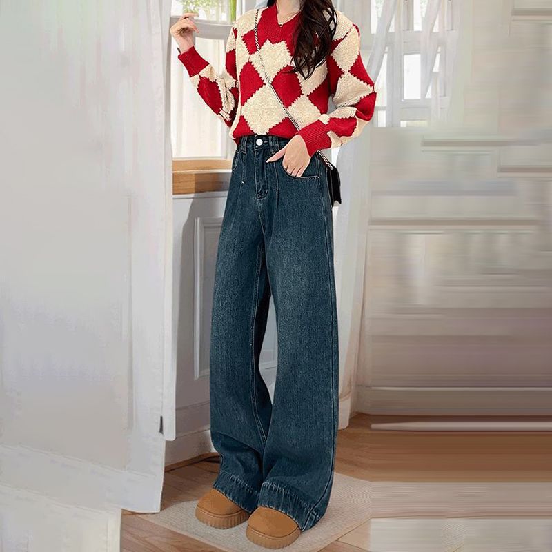 Niche personality trendy jeans for women in spring and autumn new high-waisted meat covering retro slimming and wide-leg jeans