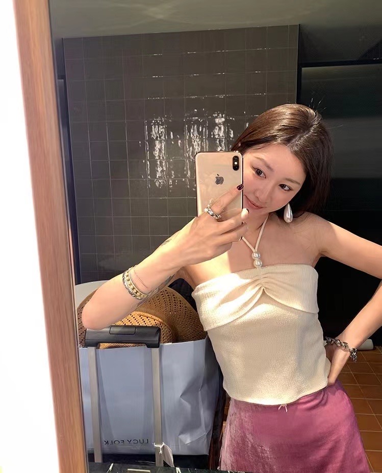 珍珠掛脖性感抹胸吊帶背心女修身顯瘦百搭上衣打底衫