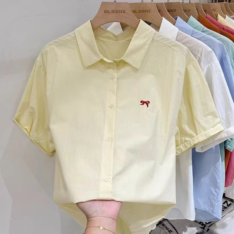 純棉面料蝴蝶結刺繡襯衣Polo領短袖開衫外套女夏季純色襯衫上衣