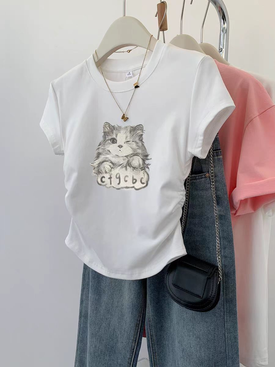 Pure cotton high elastic pleated waist small flying sleeve short sleeve T-shirt for women in summer new slim T-shirt top