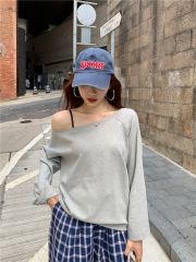 Modal cotton hot girl off-shoulder long-sleeved T-shirt for women in summer lazy style loose design off-shoulder top