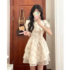 New Chinese style waist-hugging and slimming skirt for women 2025 summer new design puff sleeve floral dress college