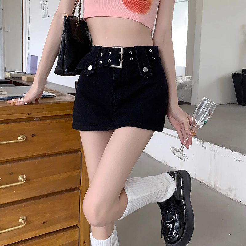 Black versatile denim short skirt for women in summer new high-waist loose slim lace-up design hip-covered skirt trendy