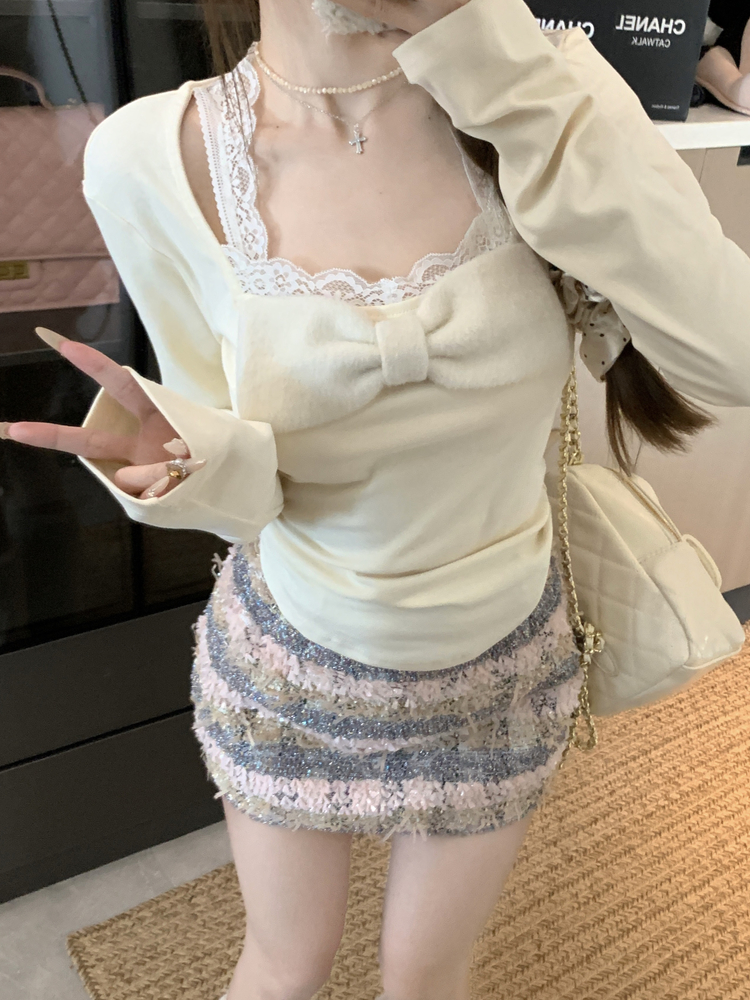 實拍純欲性感方領蕾絲邊T恤女辣妹蝴蝶結修身上衣內搭打底衫