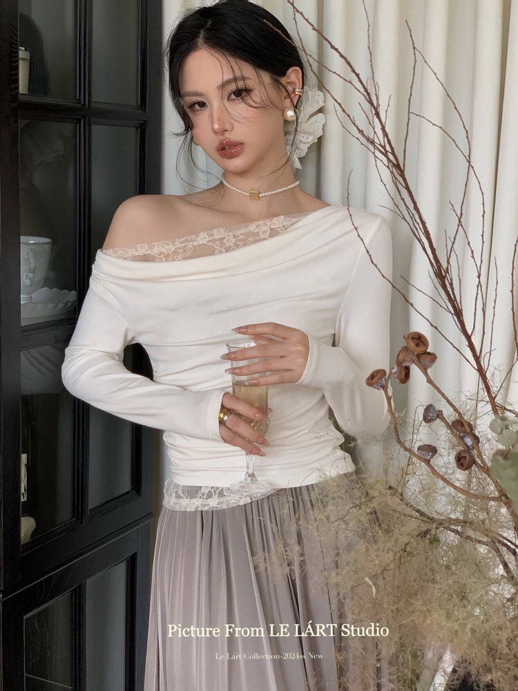 One-shoulder white lace off-shoulder T-shirt for women early autumn chic sweet hot girl slim off-shoulder base shirt top
