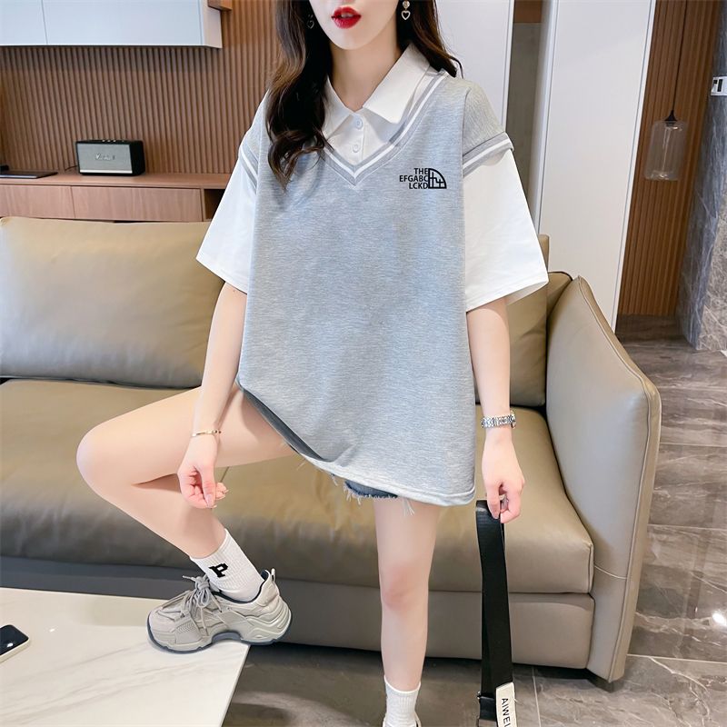 實拍 polo領假兩件T恤大碼女裝新款夏季洋氣減齡寬鬆短袖上衣潮