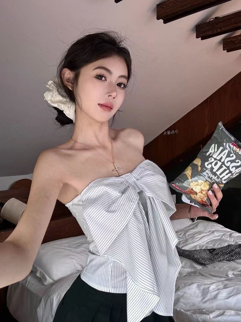 韓國夏季辣妹度假風蝴蝶結設計感內搭外穿抹胸露肩顯瘦背心