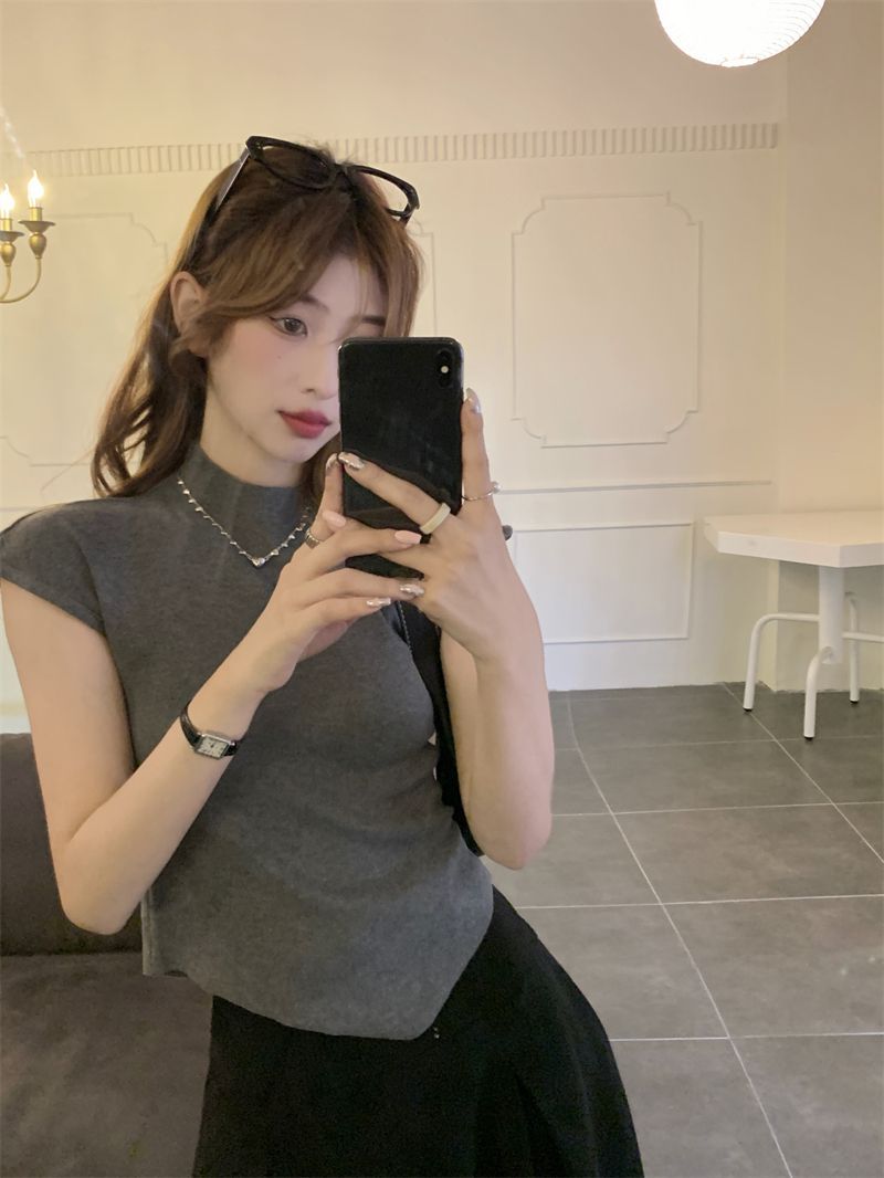 不規則短款設計感短袖針織衫女夏新款修身顯瘦半高領打底衫