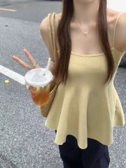 非實拍法式別致下擺收腰黃色吊帶背心新款海邊度假多巴胺上衣
