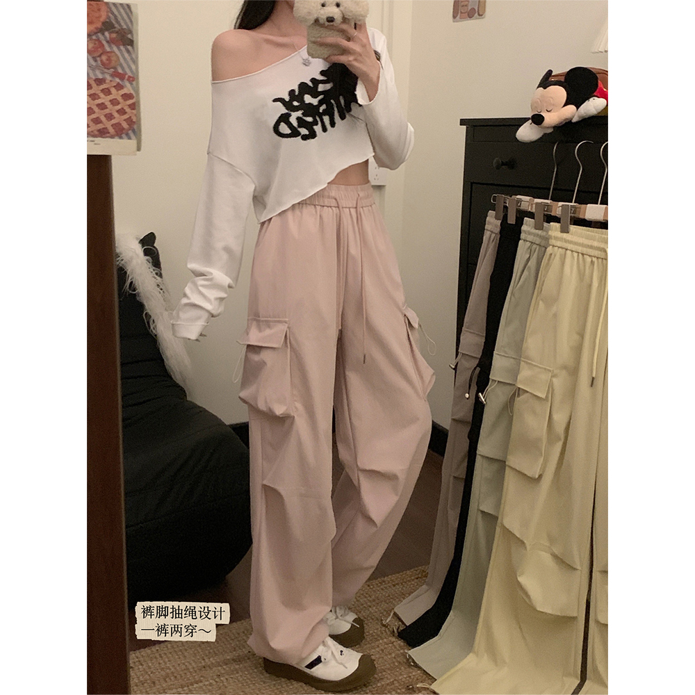 Real shot!  2025 new elastic waist work pants drawstring large pocket straight-leg casual tying pants for women