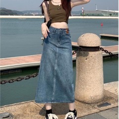 Retro denim skirt for women in spring and summer new fashionable design mid-length rear slit A-line denim skirt