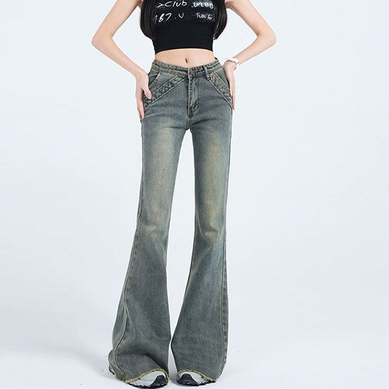 Women's spliced ​​jeans with matte design pocket high waist micro-flare horseshoe pants slim elastic floor flared trousers