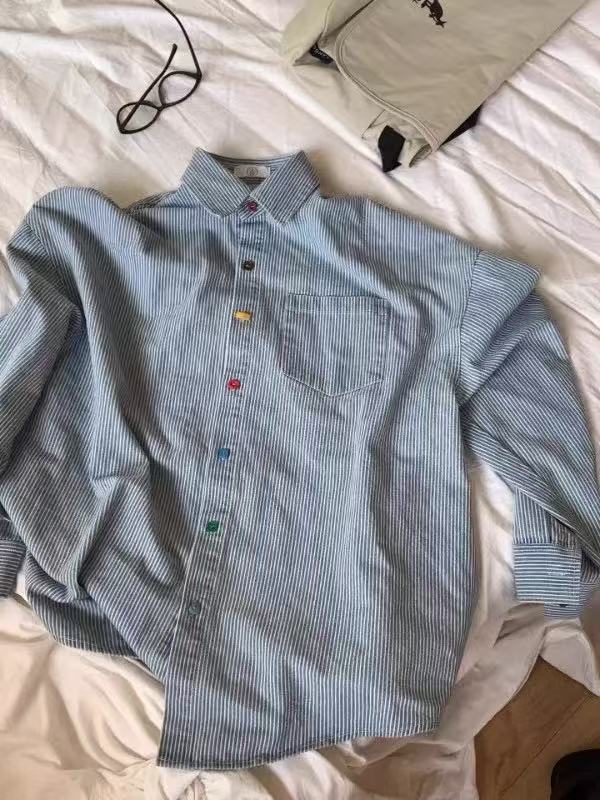 韓系彩色紐扣條紋襯衫女春秋設計感洋氣小眾開春長袖襯衣外套