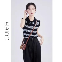 條紋polo領冰絲無袖針織衫女夏季薄款針織背心法式上衣新款夏