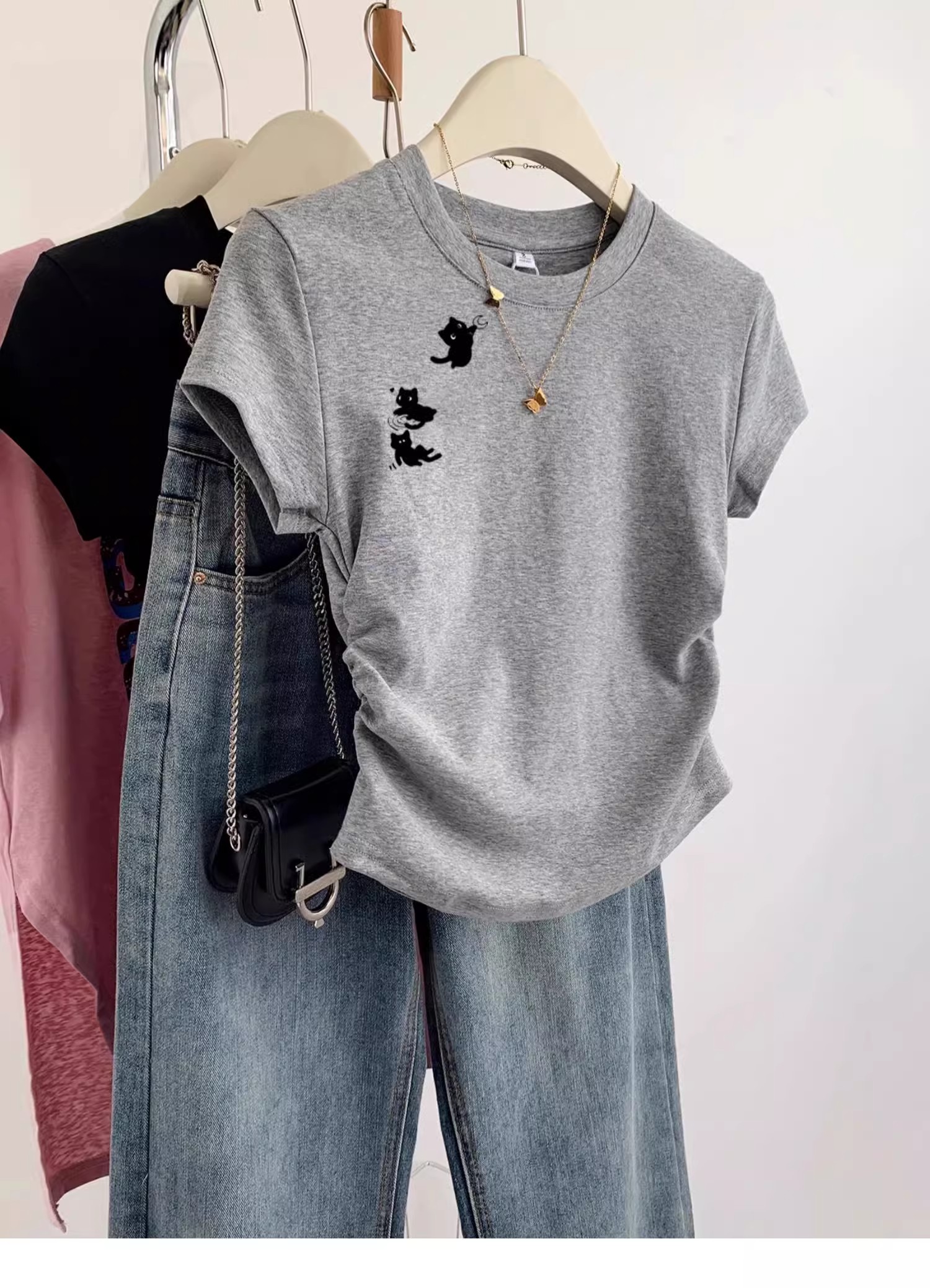 Pure cotton high elastic pleated waist small flying sleeve short sleeve T-shirt for women in summer new slim T-shirt top