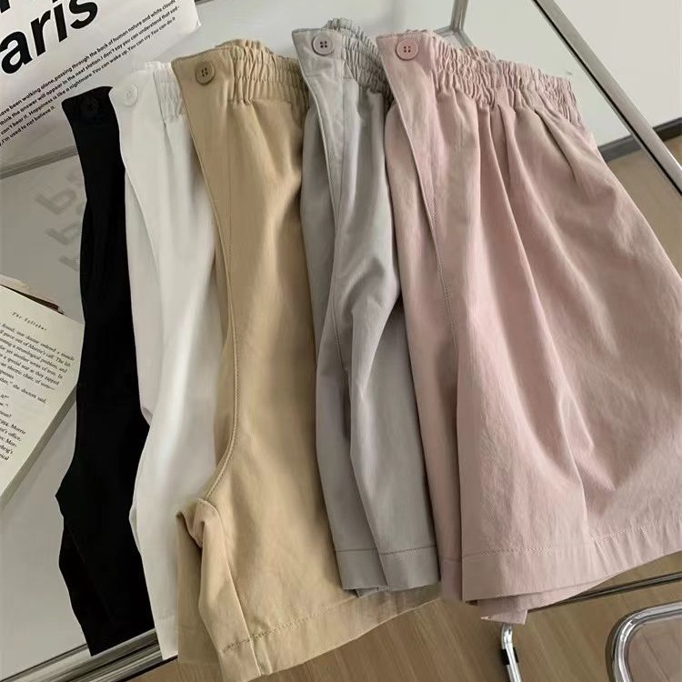 Washed cotton, design-slanted placket, high waist wide-leg casual pants, new style of washing cotton shorts for women