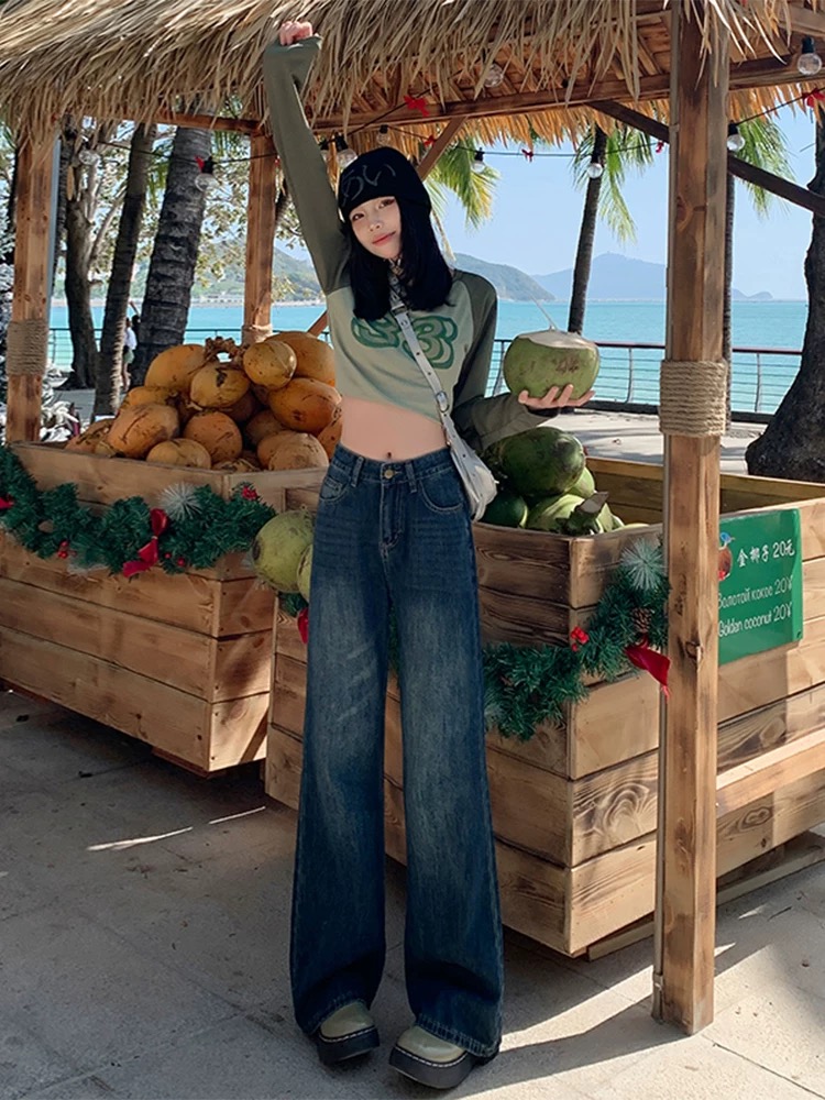 Hong Kong style retro blue wide-leg jeans for women in summer 2025 high-waisted slim hot girl loose straight-leg trousers