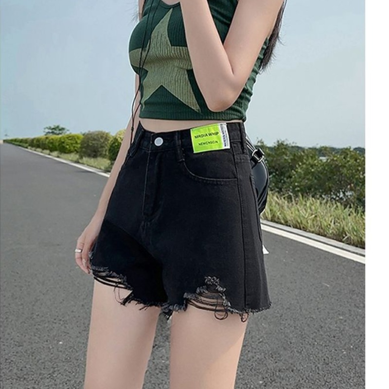 Casual simple high waist slim A-line hot girl loose fur denim shorts for women versatile straight jeans hot pants