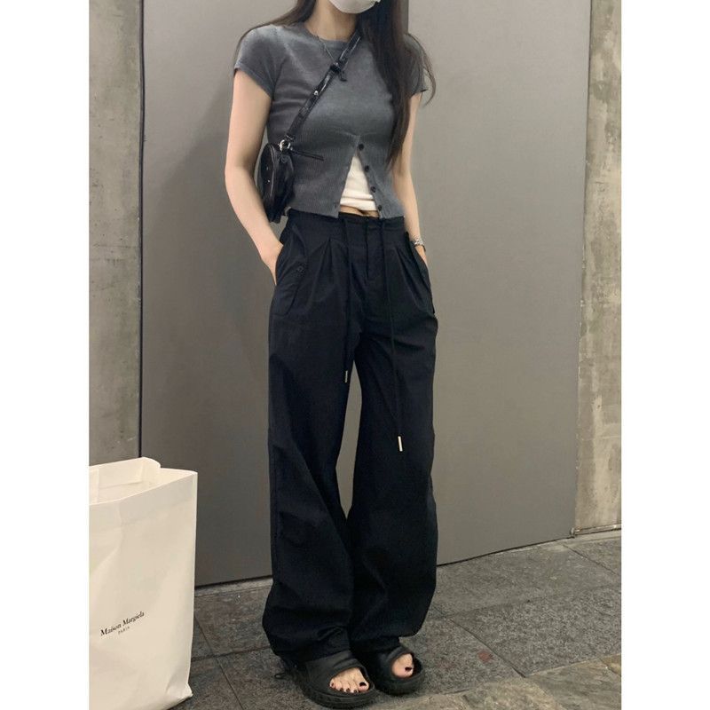 Original board method: Spring and Autumn Black Parachute American Working Pants for Women with versatile thin drawstrings for two straight pants