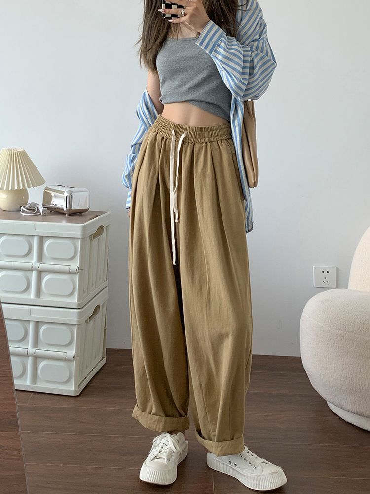 Pure cotton khaki work pants for women in summer thin high waist slimming wash cotton Japanese loose casual straight wide-leg pants