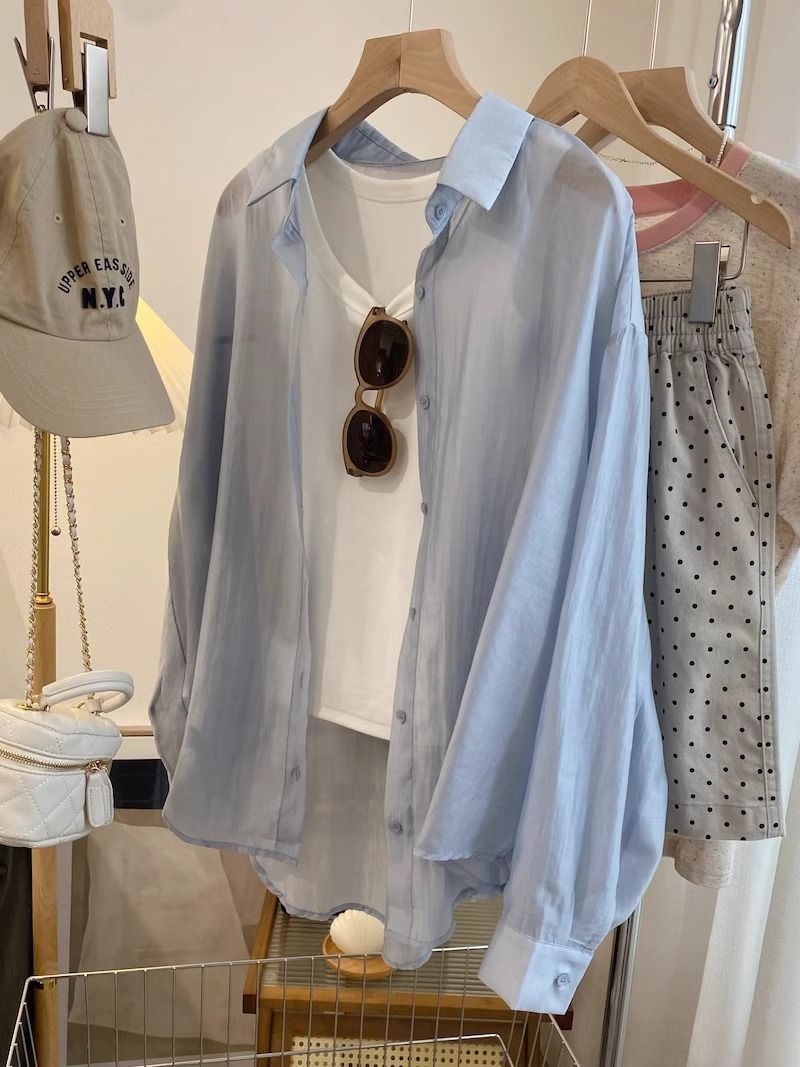 Original fabric #Summer light and breathable sunscreen shirt for women's jacket, long-sleeved lapel, thin air conditioning shirt