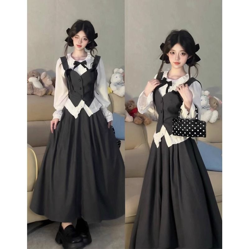 Miu series of daughter-in-law Xiaoxiang style dressing skirt suit for women's spring high-end fashionable vest shirt long skirt three-piece set