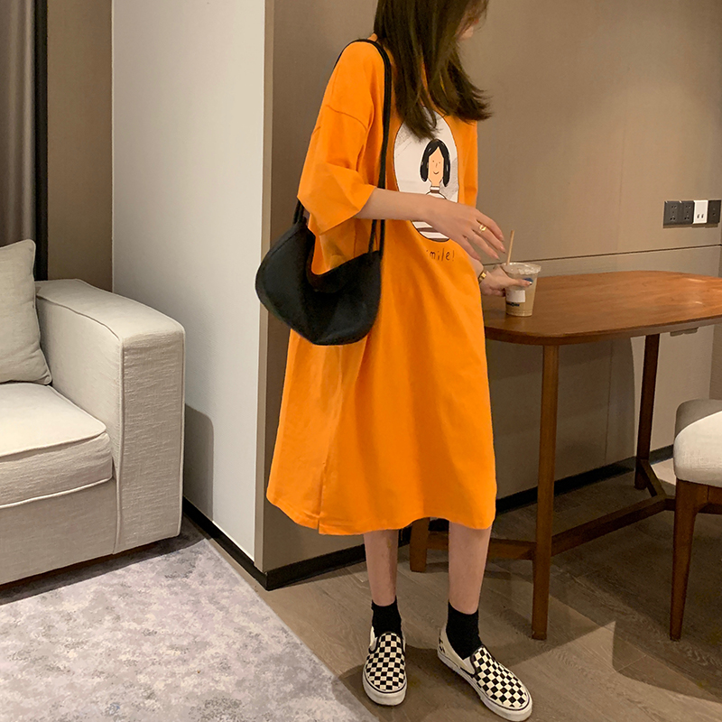#Real shot 6535 active pull-up cotton 2025 fun portrait print loose long dress for women