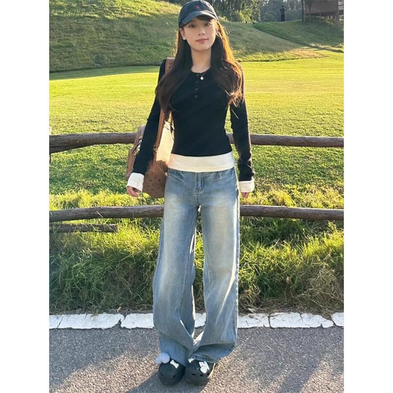 Fake two-piece front shoulder long-sleeved T-shirt for women in spring underwear, slim and slim design niche and unique top