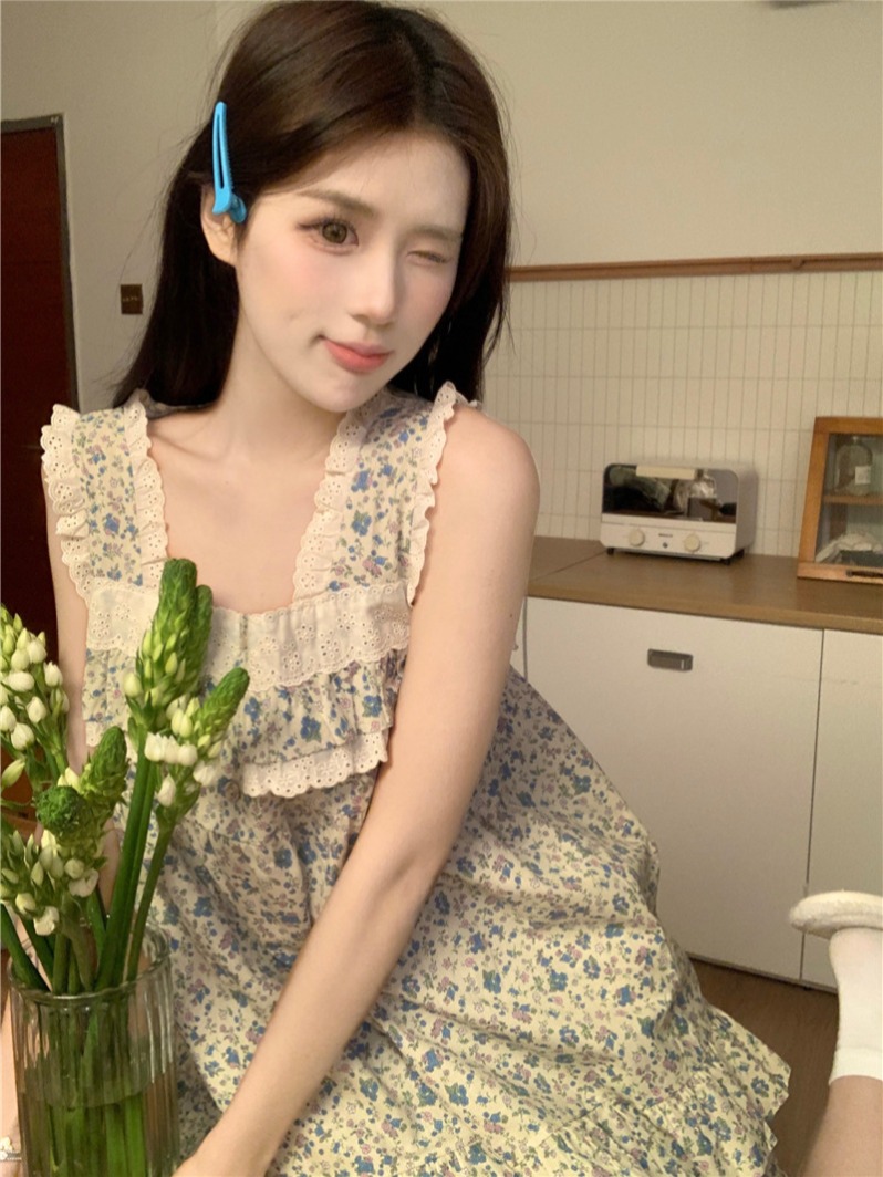 實拍韓版甜美全棉印花公主風重工蕾絲吊帶田園風外穿家居服套