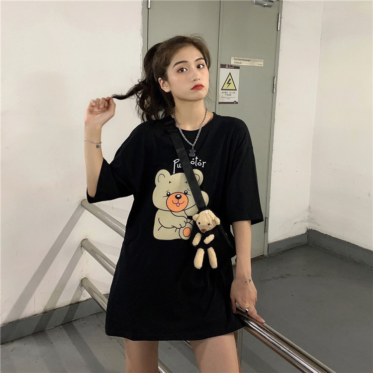 韓國外貿夏季韓版新款原宿風下衣失蹤印花寬鬆短袖T恤上衣女裝