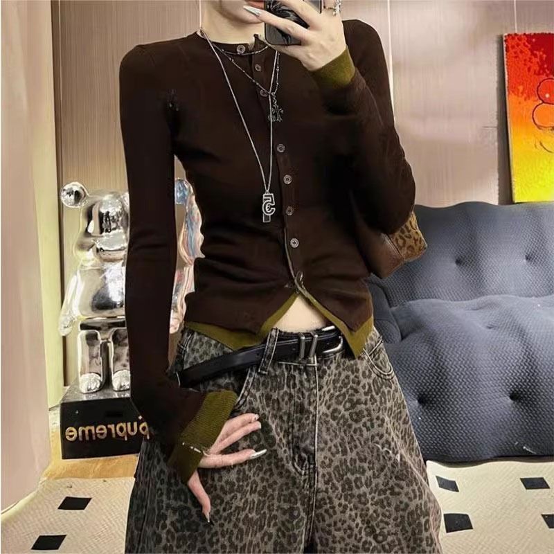 Delicate early autumn outfit fake two-piece sweater cardigan for women spring and autumn early autumn chic top for women